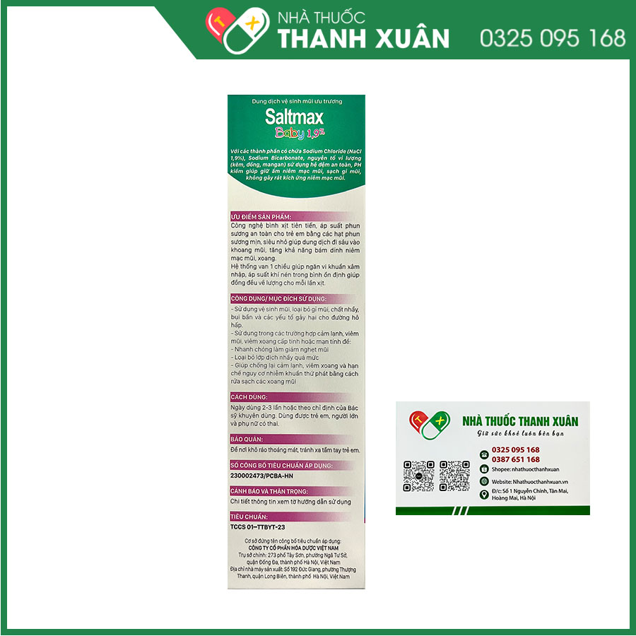Dung dịch xịt mũi Ưu Trương Saltmax Baby 1,9% giúp hỗ trợ giảm ngạt trong viêm mũi, viêm xoang